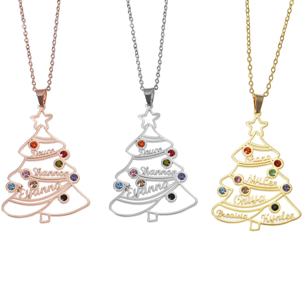 Personalized Christmas Family Tree Necklace With Gemstone Name