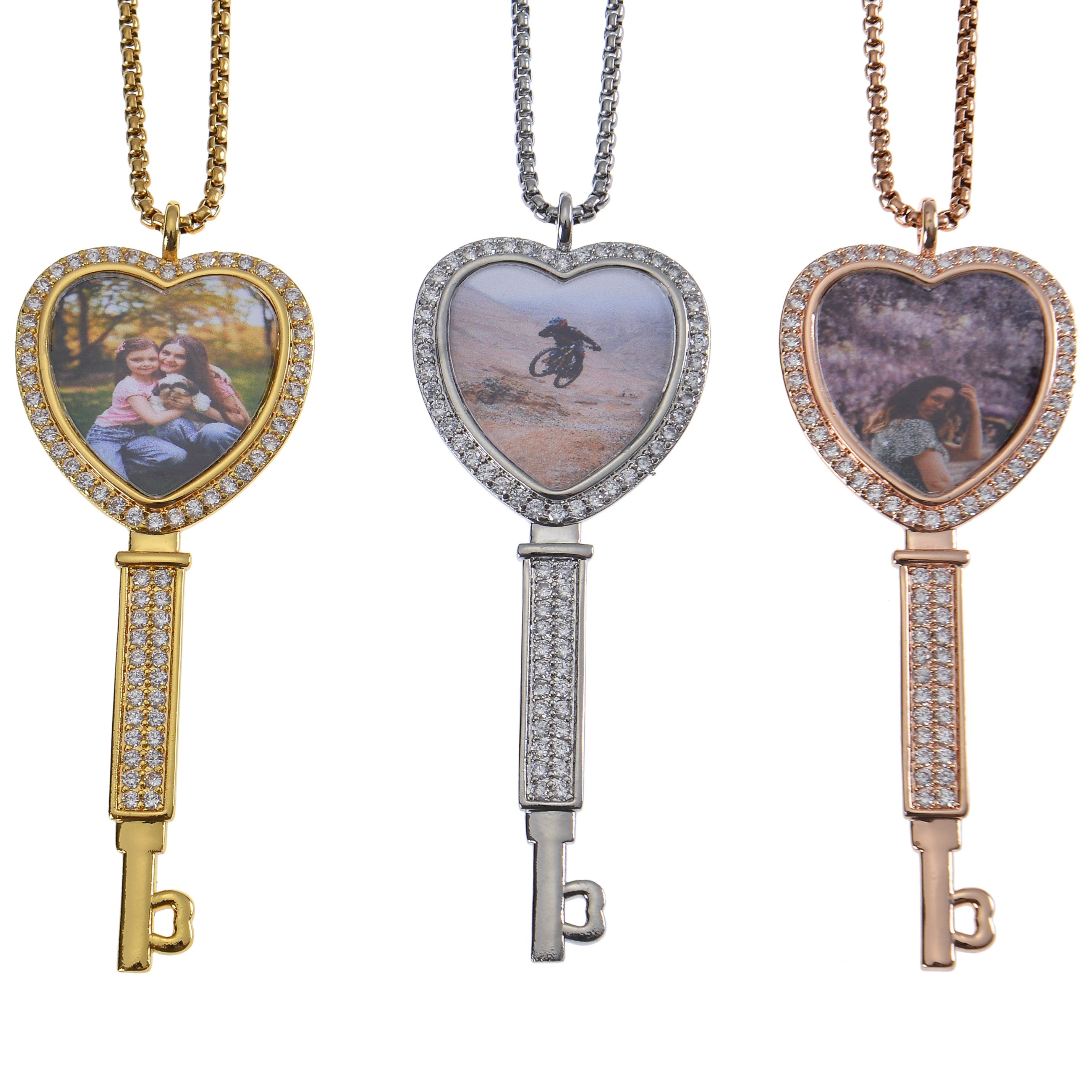 Personalized Diamond Studded Key Shaped Photo Necklace