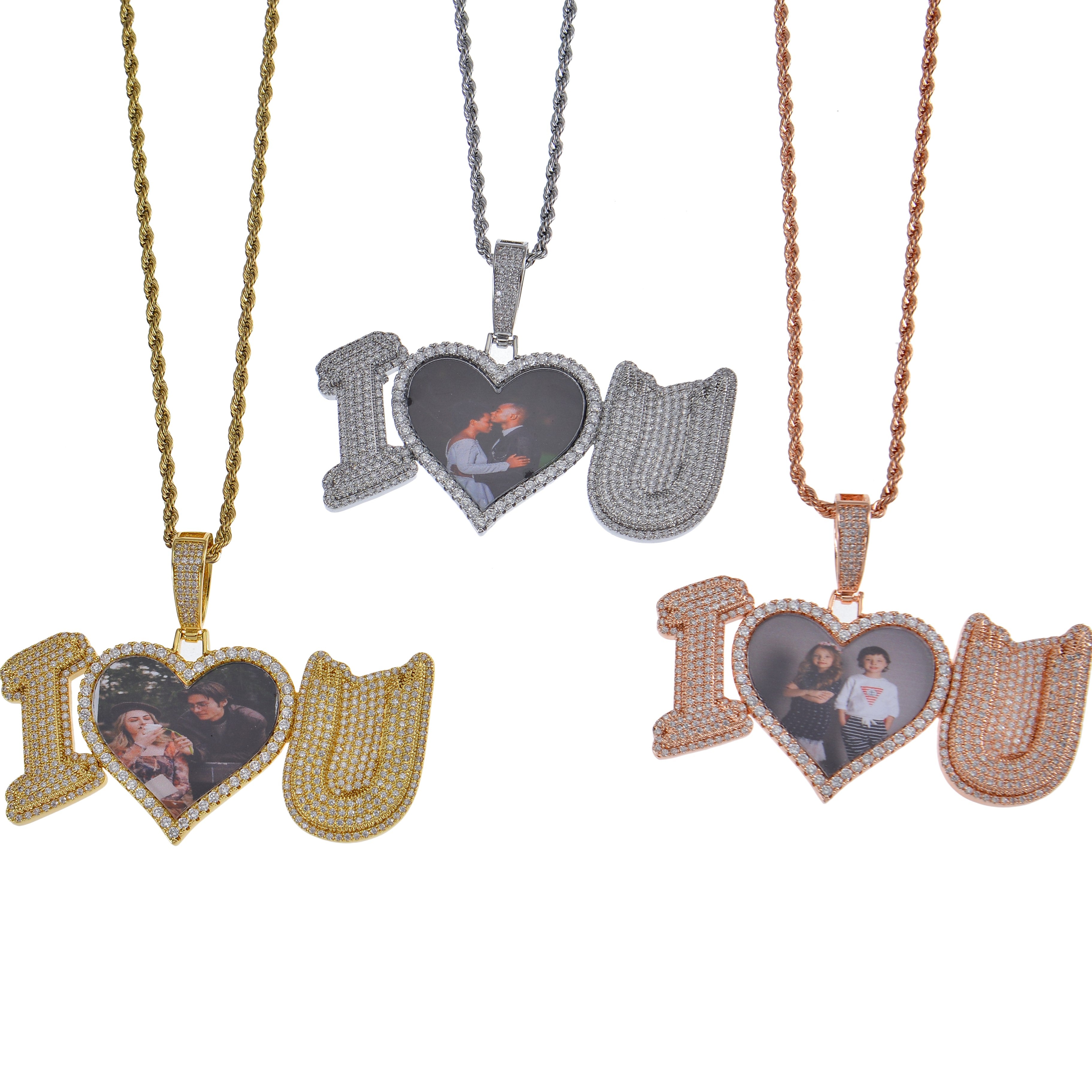 Personalized Diamond Studded I Love U Photo Heart Necklace