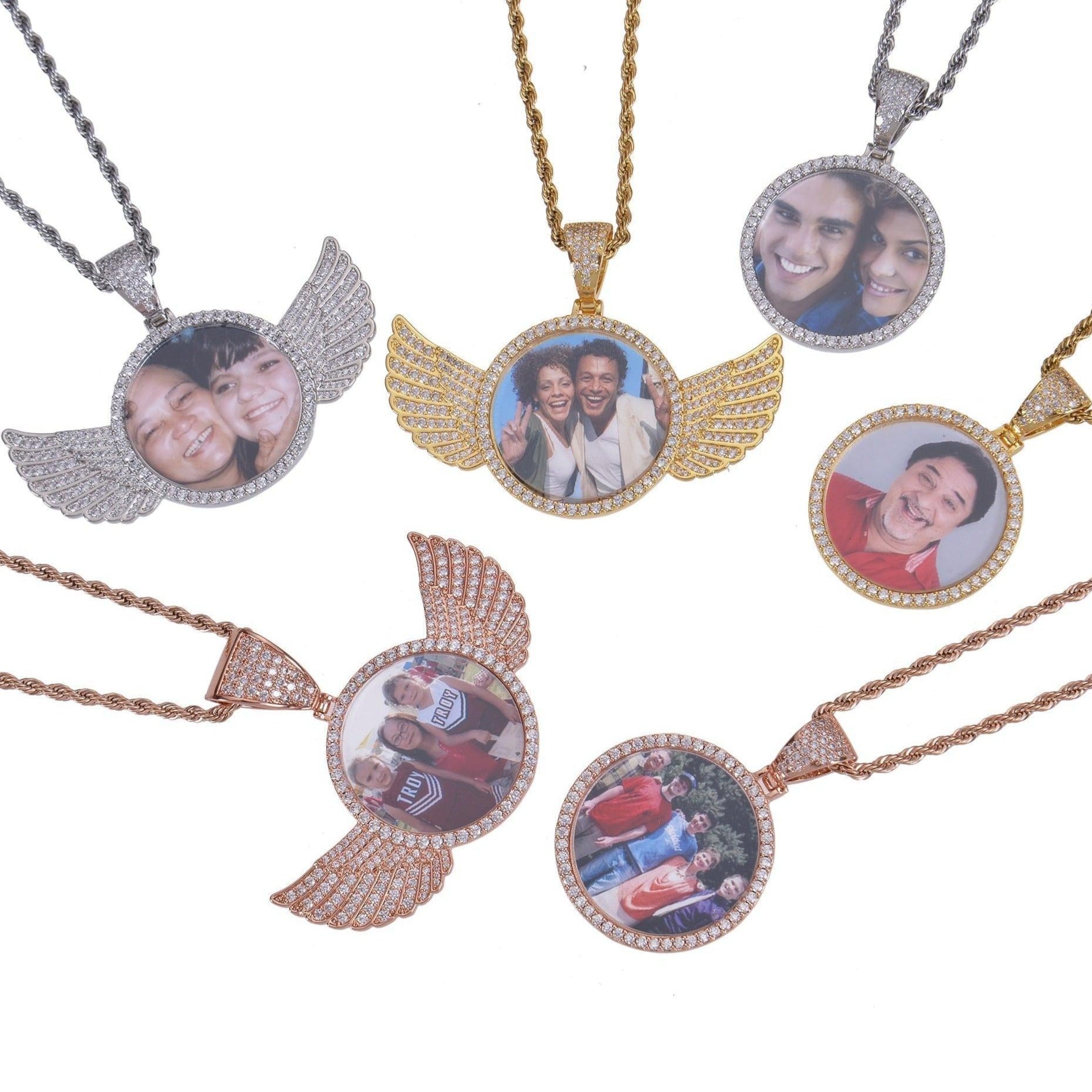 collection of personalized angel wings photo necklace