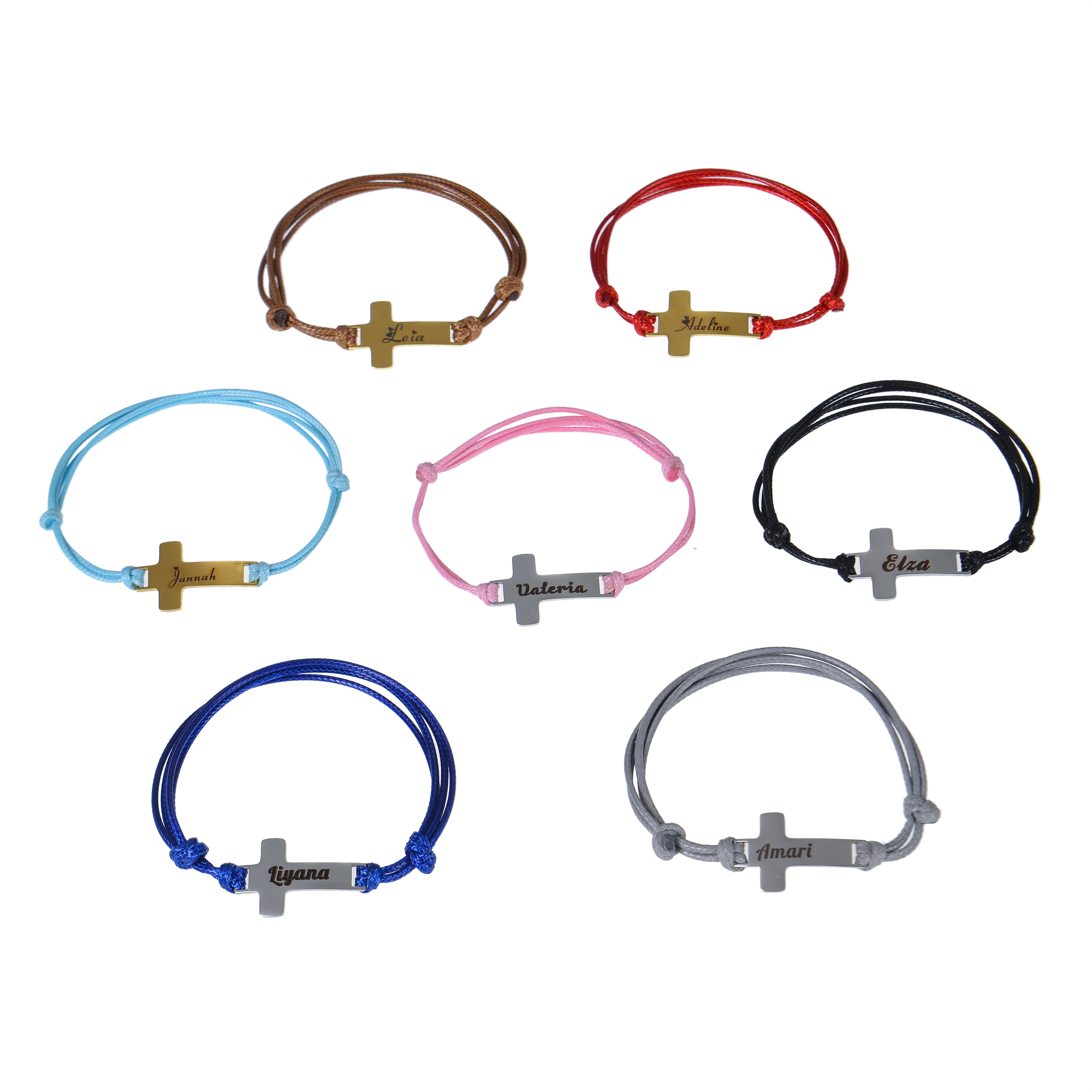 Full set of seven color cross bracelets shown together