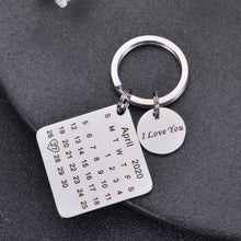 Silver engraved square calendar keychain with special date