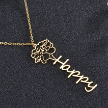 Pendantify personalized birth flower name necklace with vertical cursive name charm in gold finish.