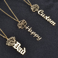 Trio of gold customized birth month flower name necklaces displayed on black textured surface.