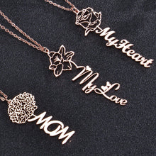 Custom birth month flower necklace featuring detailed floral outline design paired with personalized script name.