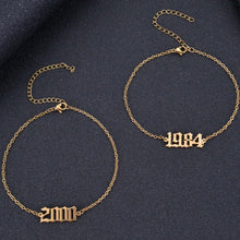 Gold, Silver, and Rose Gold personalized birth year anklets displayed together.