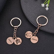 Rose gold personalized pet keychain featuring an engraved pet photo and custom name charm