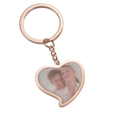 Rose gold custom heart photo keychain featuring couple picture insert and link chain keyring.