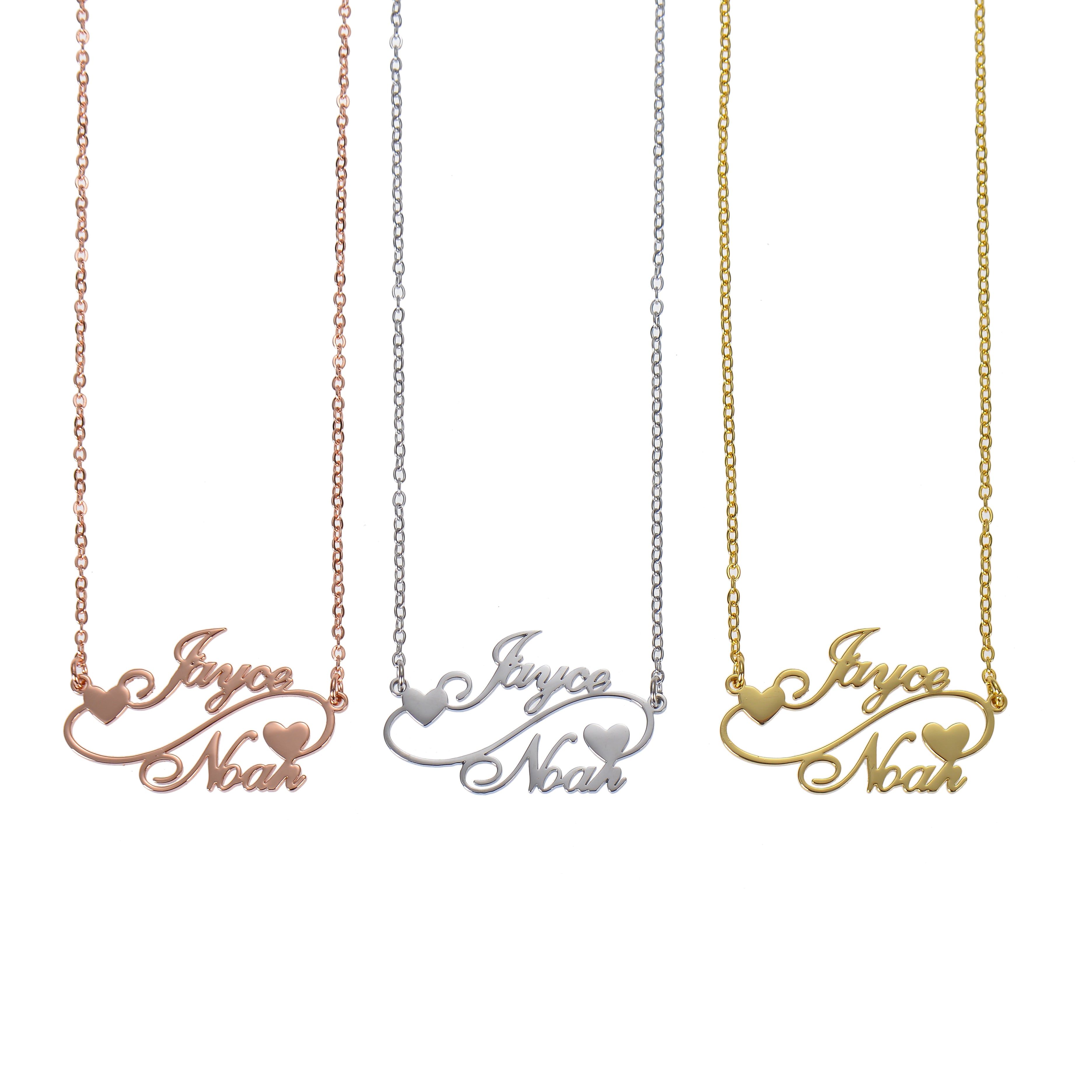 Silver, gold, and rose gold double name necklaces shown together