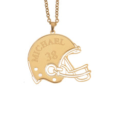Gold football helmet necklace with personalized name and number shown as football jewelry.