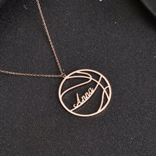 Rose Gold personalized basketball name pendant necklace with custom lettering for a basketball fan.
