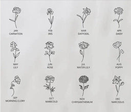 Chart showing 12 birth month flowers including January Carnation, February Iris, and March Daffodil.