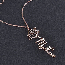 Pendantify rose gold floral name pendant necklace with lotus flower design and custom gothic lettering.