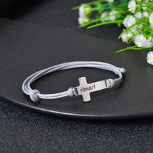 Gray cord personalized cross bracelet with engraved name