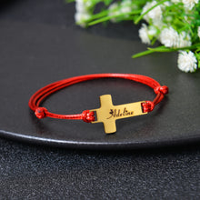 Red cord personalized cross bracelet with engraved name