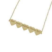Gold custom five-heart bar necklace engraved with multiple family names Tere, Juan, Andreaa, Noelia, and Rut.