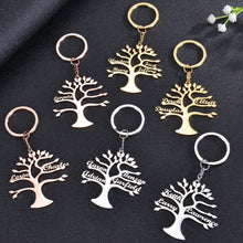 Gold, rose gold, and silver tree keychains shown together