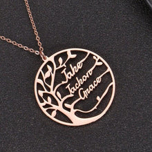 Rose Gold personalized family name necklace with engraved names arranged inside a circular tree pendant.