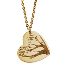 Gold personalized family tree heart necklace engraved with multiple family names.