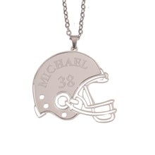 Silver football helmet pendant with custom player personalization displayed on a chain.