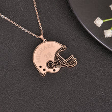 Rose Gold personalized football helmet necklace with custom player name and number.