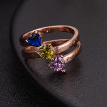 Rose Gold personalized heart birthstone ring with engraved names