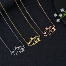 Three color options of custom double name necklace side by side