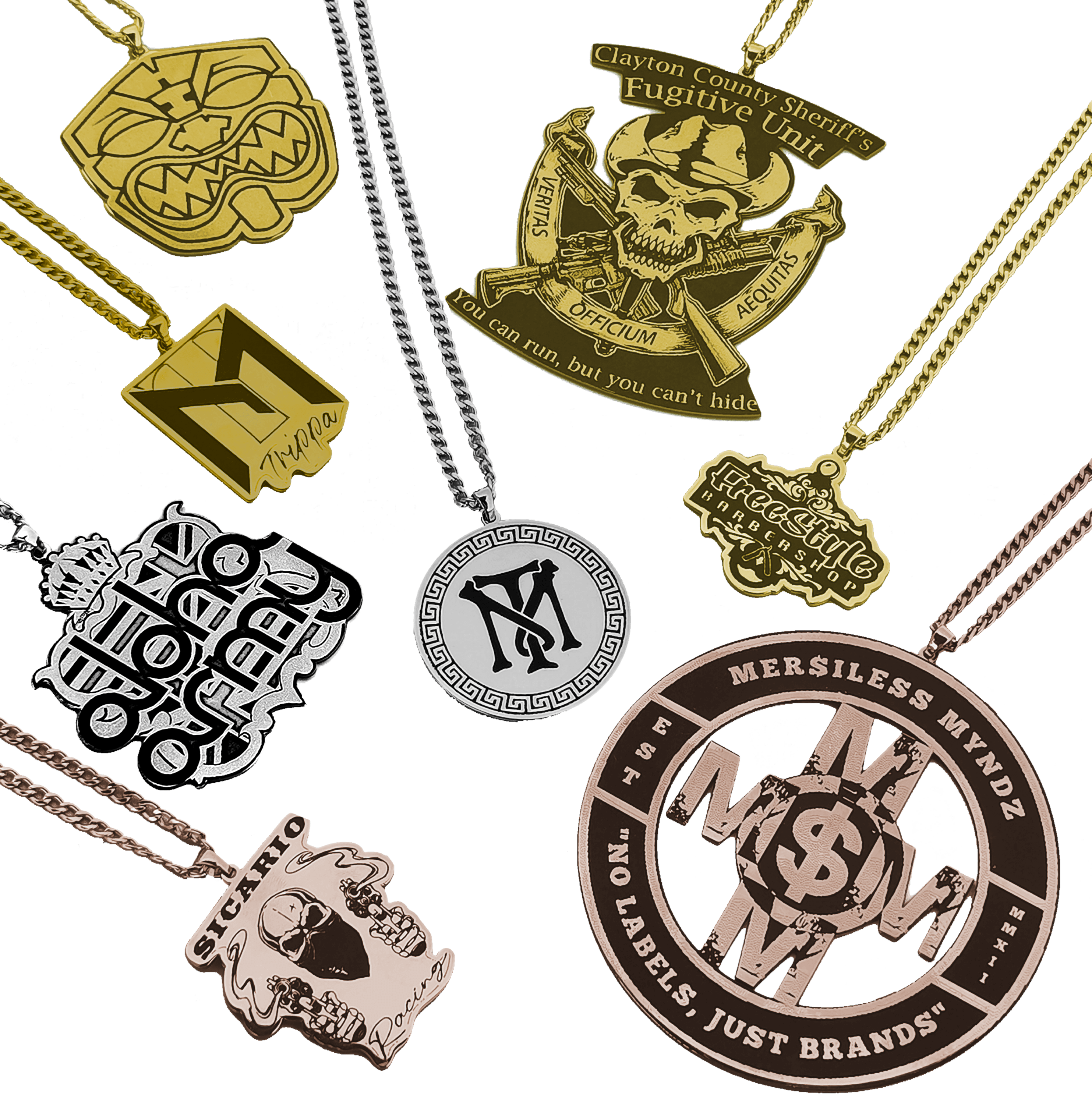 set of eight logo necklace on white background