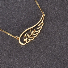 Front view of personalized angel wing pendant necklace with custom name engraving