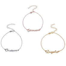 Rose gold, silver, and gold name bracelets shown together