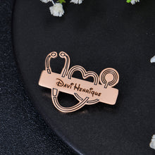 Rose gold custom stethoscope name badge with heart cutout design