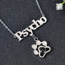 Silver personalized name necklace with paw print photo charm