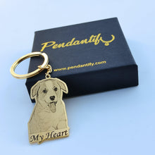 Custom pet photo keychains featuring engraved dog and cat portraits with personalized names