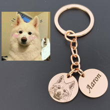 Rose gold personalized pet keychain featuring an engraved pet photo and custom name charm