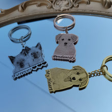 Pet portrait keychains shown in silver gold and rose gold with custom engraved pet designs