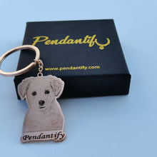 Collection of personalized pet portrait keychains with different dog and cat designs and engraved names