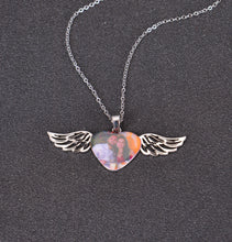 Personalized memorial photo necklace with angel wings and heart-shaped custom photo pendant.