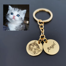 Gold custom pet photo keychain with engraved pet portrait and personalized name charm