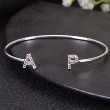 Silver custom initial bangle bracelet with CZ letter charm