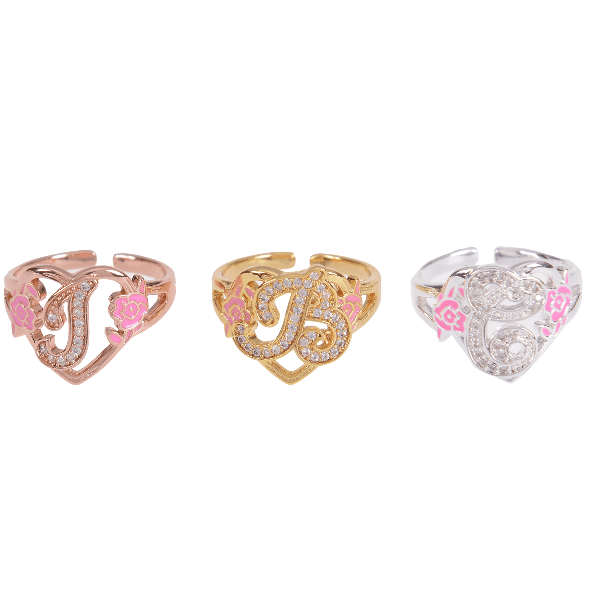 Silver, gold, and rose gold initial rings shown together
