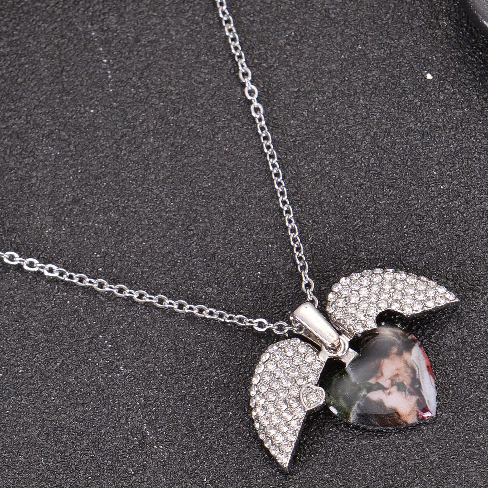 Silver custom photo heart locket necklace with angel wing charm
