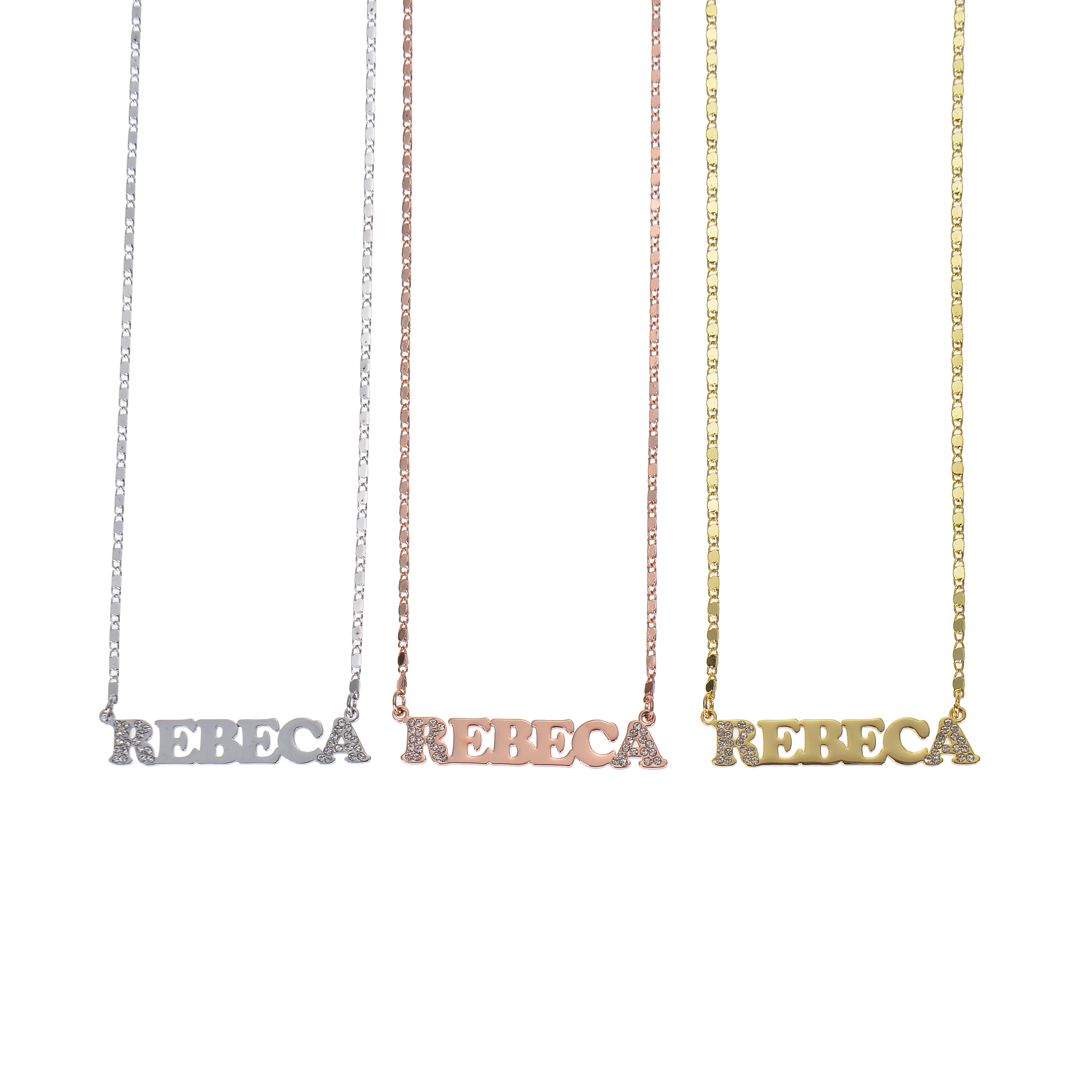 Gold, rose gold, and silver name necklaces shown together