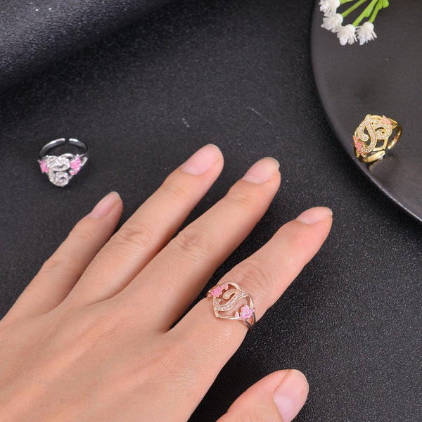 Diamond Studded Heart Initial Flower Ring