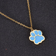 Gold paw print necklace with blue enamel charm