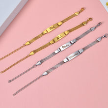 Pendantify personalized nameplate bracelets featuring custom engraved rectangular bar plates attached to double-strand chains in gold and silver.