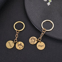 Gold custom pet photo keychain with engraved pet portrait and personalized name charm