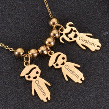 Personalized family necklace with engraved boy and girl charms