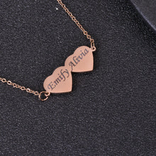 Rose gold personalized two-heart bar necklace with custom engraved names Emify and Alivia on fine cable chain.