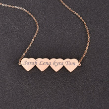 Rose gold custom joined hearts bar necklace engraved with four family names Sarah, Lena, Kyra, and Tom.