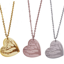 Gold, Silver, and Rose Gold personalized family tree heart necklaces displayed together.